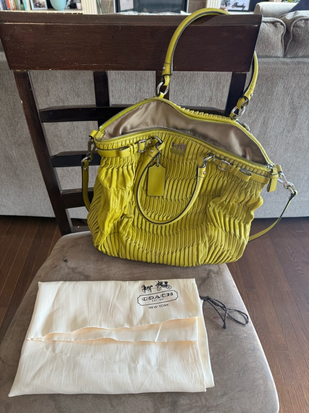 Coach Pleated Ruffle Tote in Chartreuse Yellow